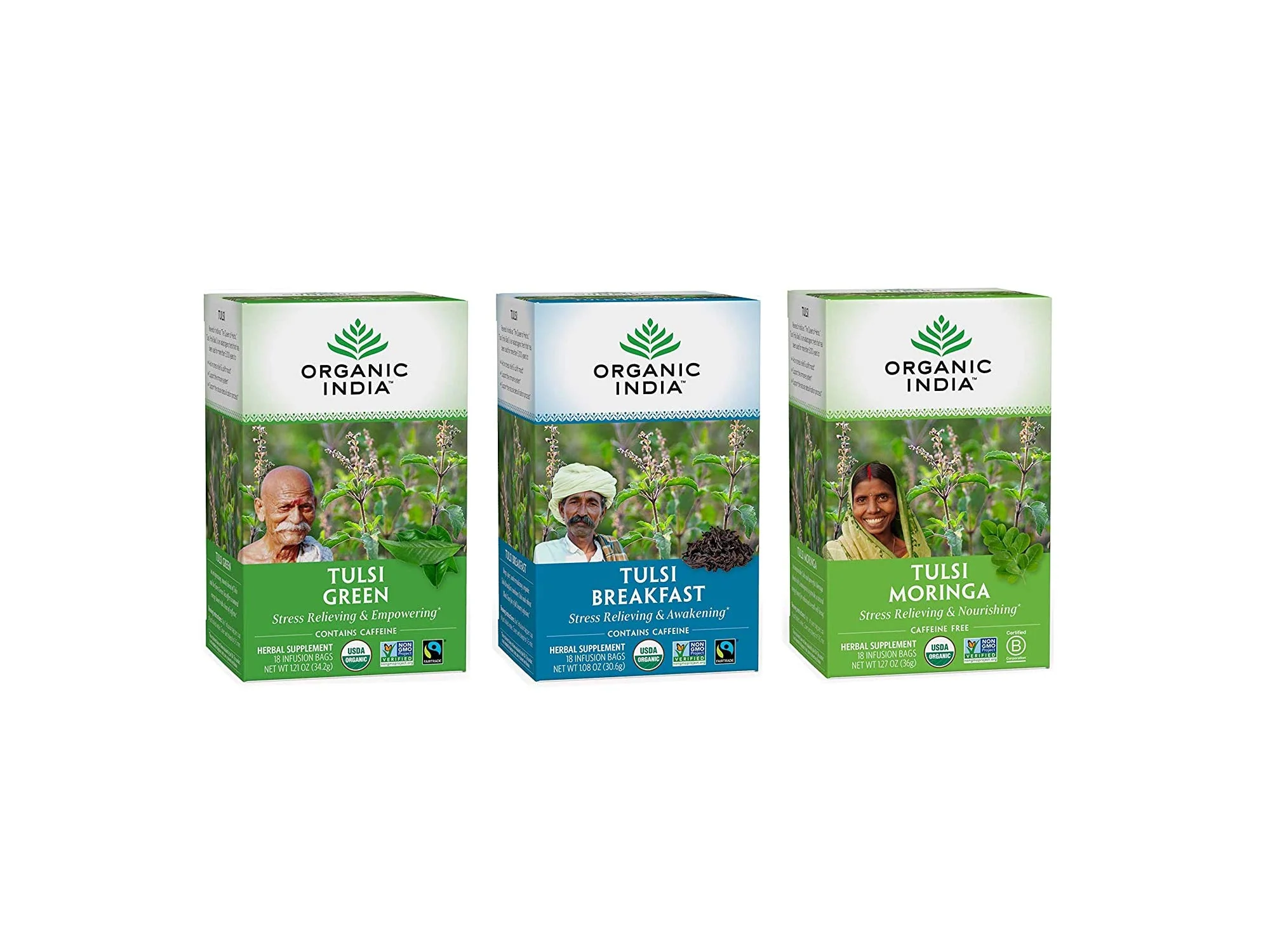 Organic India Energizing Tulsi Herbal Tea Favorites - Breakfast, Green, Moringa - Holy Basil, Adaptogen, Vegan, USDA Certified Organic, Non-GMO