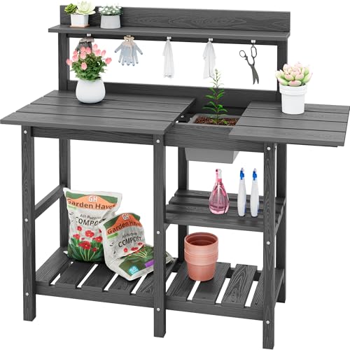 SERWALL Potting Bench Outdoor Potting Table with Sink, HDPE Potting Benches for Outside Gardening Table All Weather Use- Black