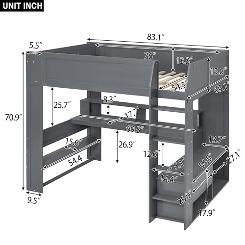 Gaming Bed with Desk,Wardrobe,Ample Storage Space,and RGB LED Light, Full Size Wood Loft Bed for Kids Bedroom (Cloud Blue/K)