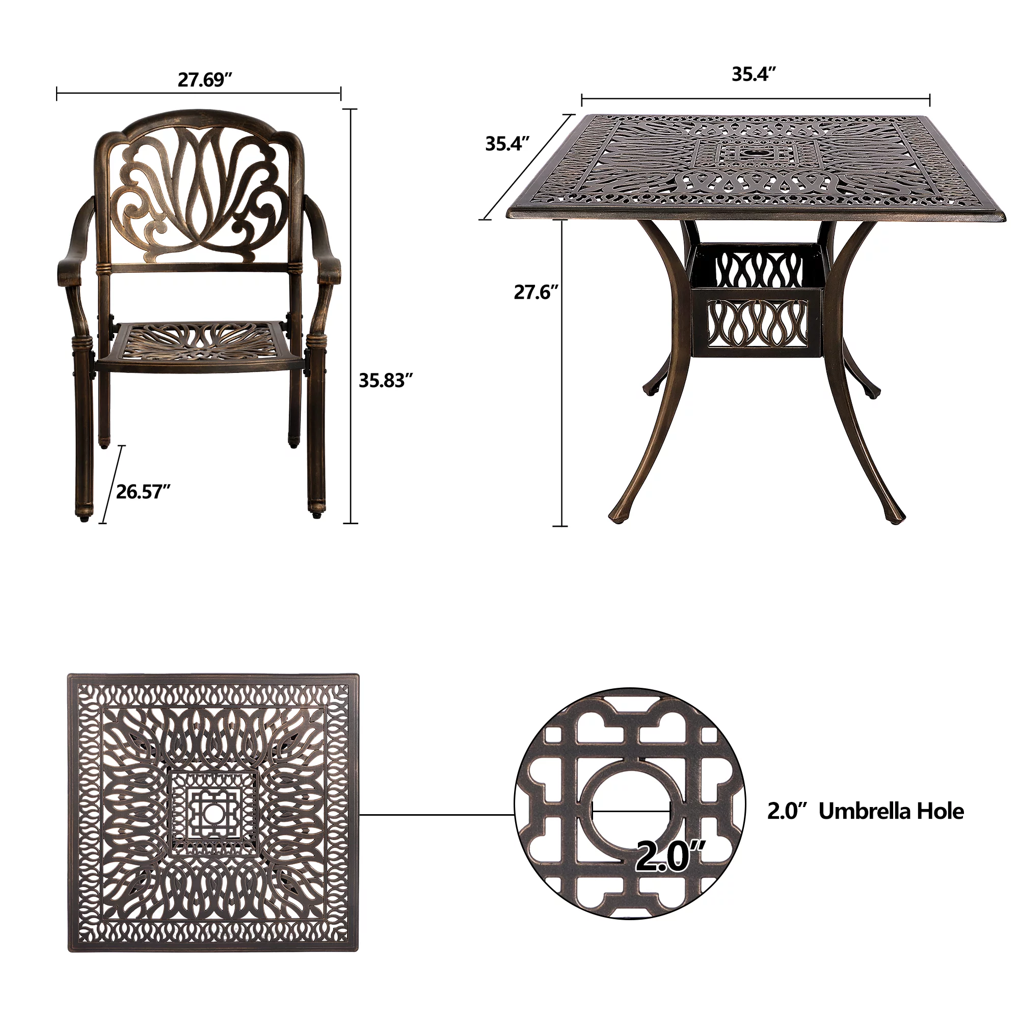 Magic Union 5-Piece Outdoor All-Weather Cast Aluminum Furniture Dining Set, Conversation Set with Umbrella Hole for Patio Garden Deck