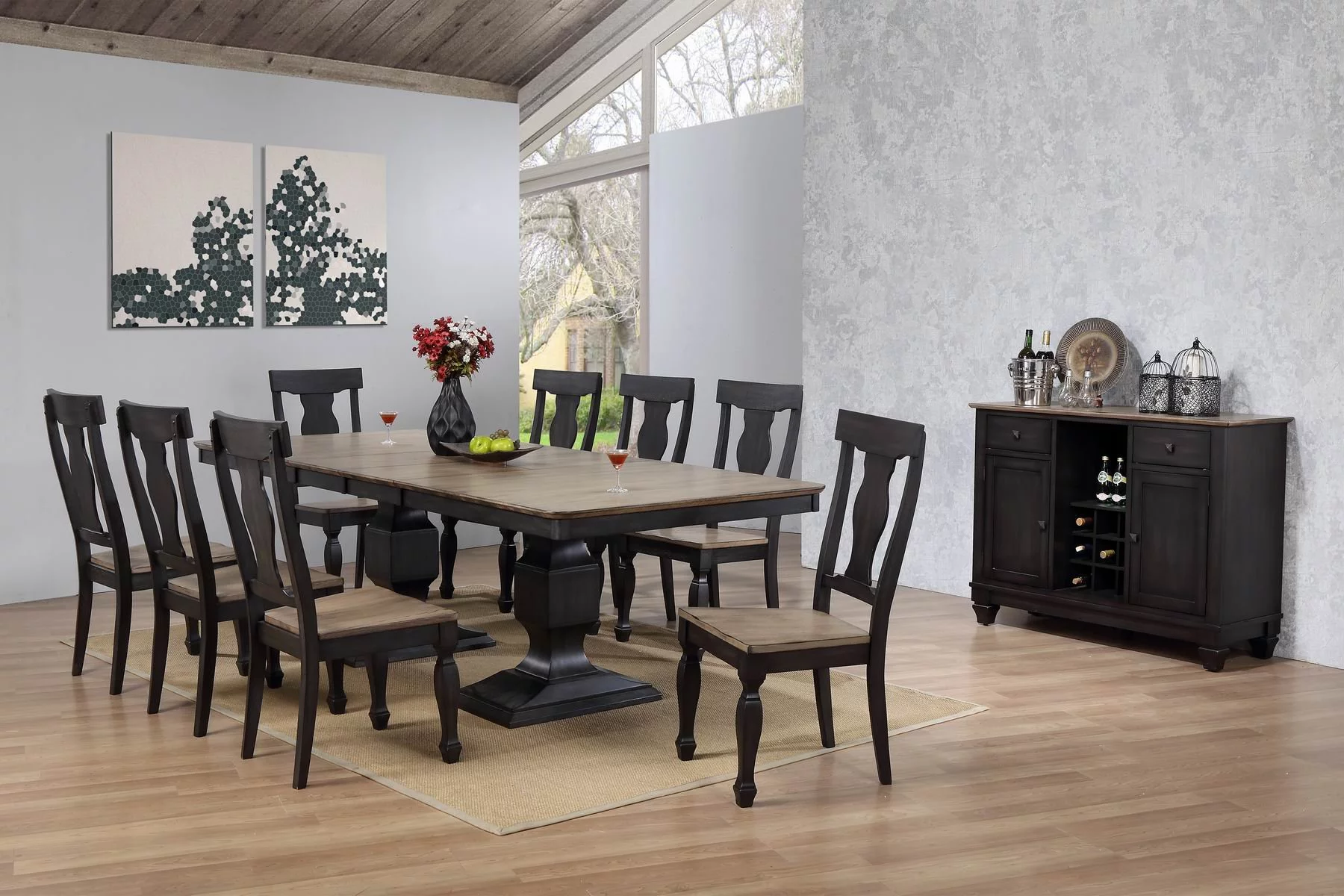 Kings Brand Alleyton 9 Piece Charcoal & Oak Wood Dining Room Set, Extendable Table & 8 Chairs