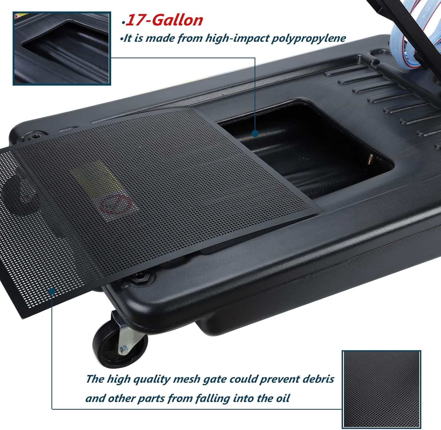 BACLAUGH Low Profile Oil Drain Pan Portable 17 Gallon for Truck Car with Pump 8' Hose