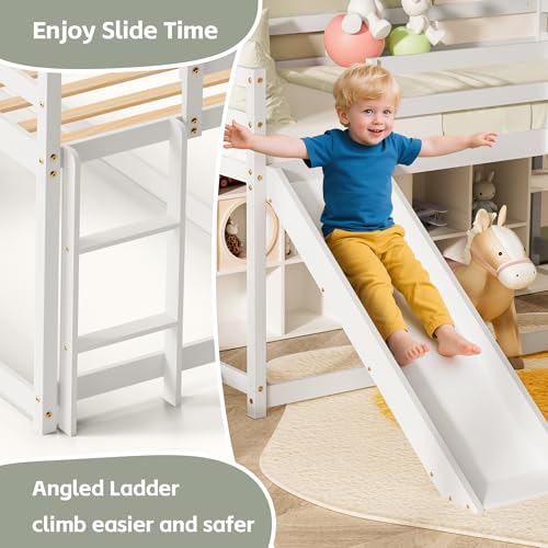 OLEAD Low Bunk Bed with Slide, Floor Loft Bed with Climbing Ladder, Wood Twin Bunk Bed Frame with Full Guardrails & Storage Space for Kids Toddler
