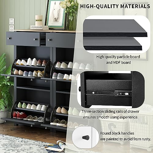 Flieks Shoe Cabinet, Slim Storage Organizer with 4 Flip Drawers and Adjustable Panel, Wood Grain Pattern Top Shoe Storage Cabinet with 2 Drawers