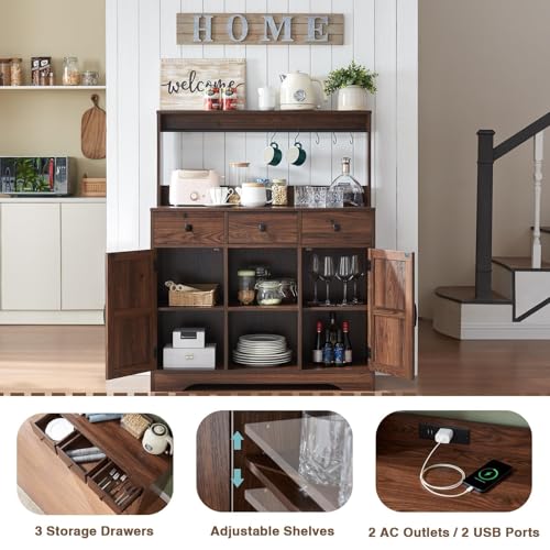 Wnutrees 39" Farmhouse Coffee Bar Cabinet with 3 Drawers and Charging Station