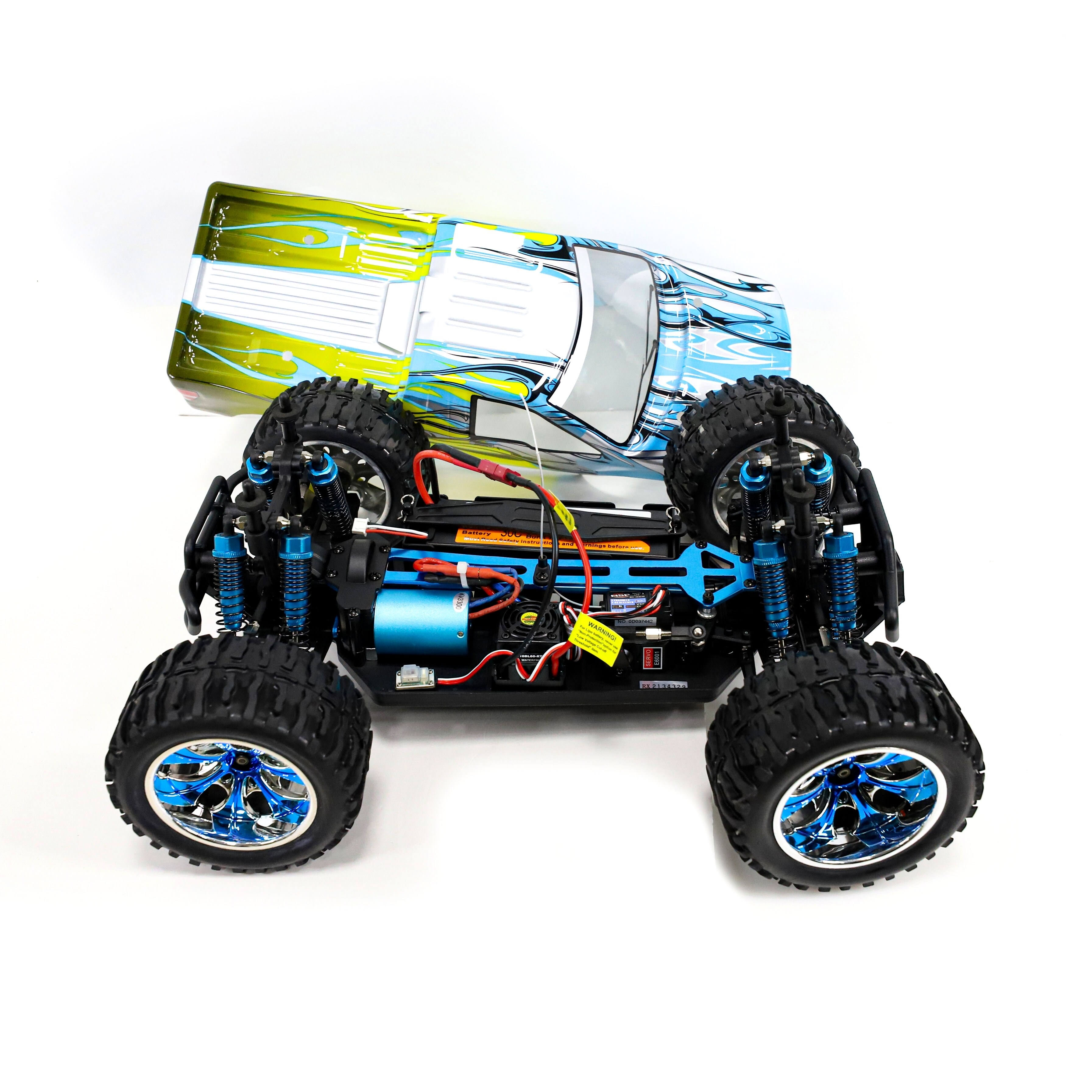 Aleko Rccar05 Brushless Pro Off-Road 4WD Electric Powered RC Truck - 1:10 Scale - Light Blue and Yellow Flame Design