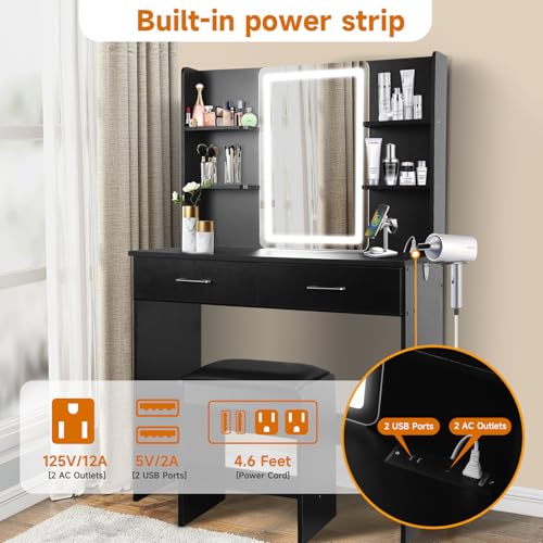 Vanity Set with Lights and Stool, Vanity Desk with Mirror and Lights，Vanity Power Outlet,Vanity Desk with Drawers