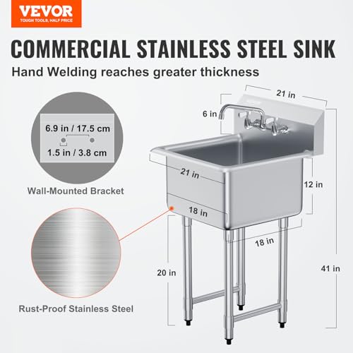 VEVOR Stainless Steel Prep & Utility Sink, 1 Compartment Free Standing Small Sink Include Faucet & legs