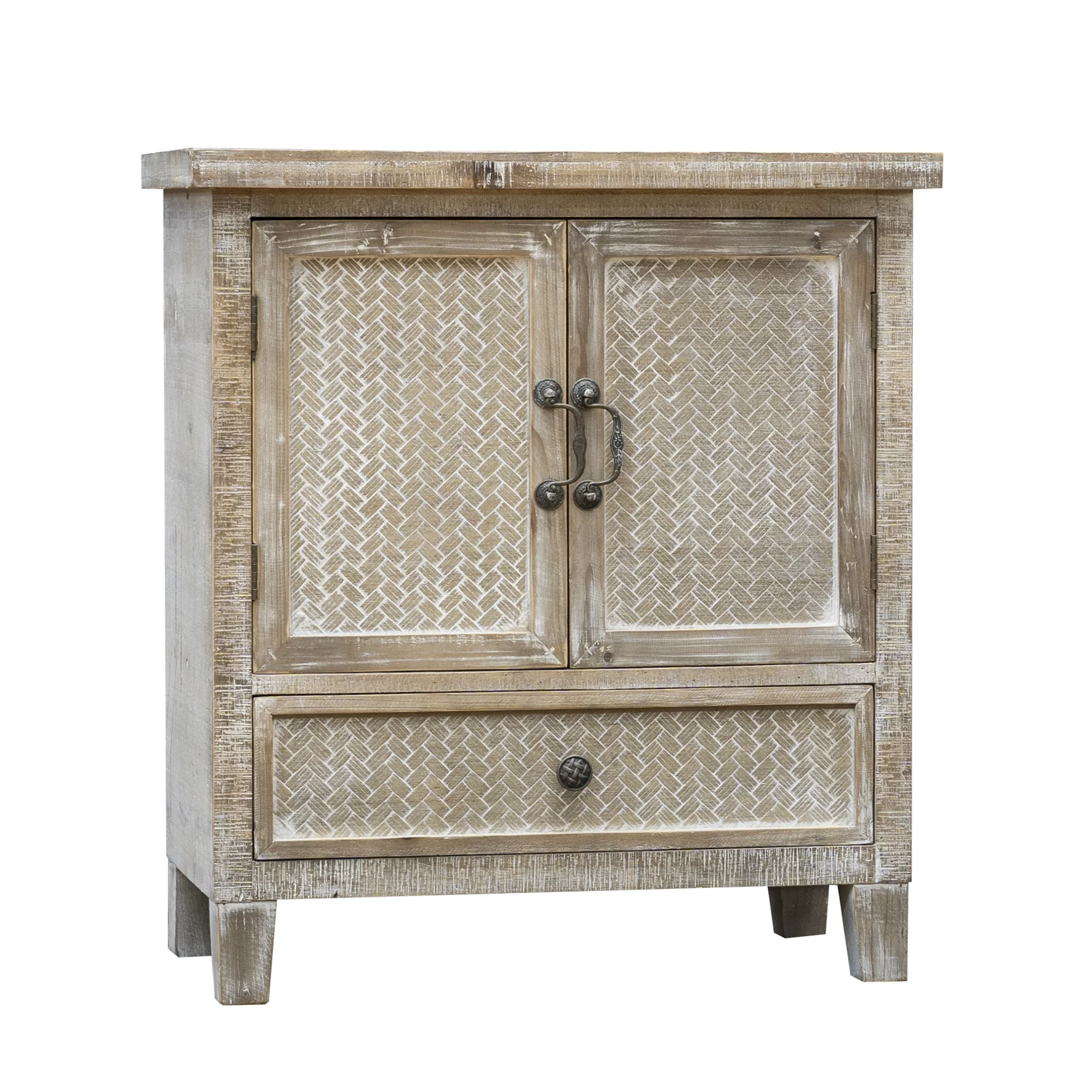 Parisloft Weathered Wood Cabinet with 1 Drawer and 2 Doors, Faux Bamboo Weaving Design, 28.125" H