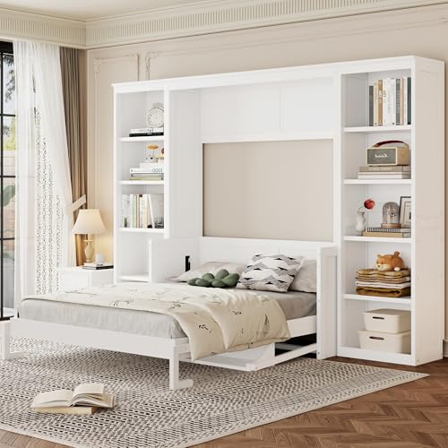 SOFTSEA Full Size Murphy Bed with Desk and Shelves, 110" Solid Folable Platform Bed with Double Storage Cabinets