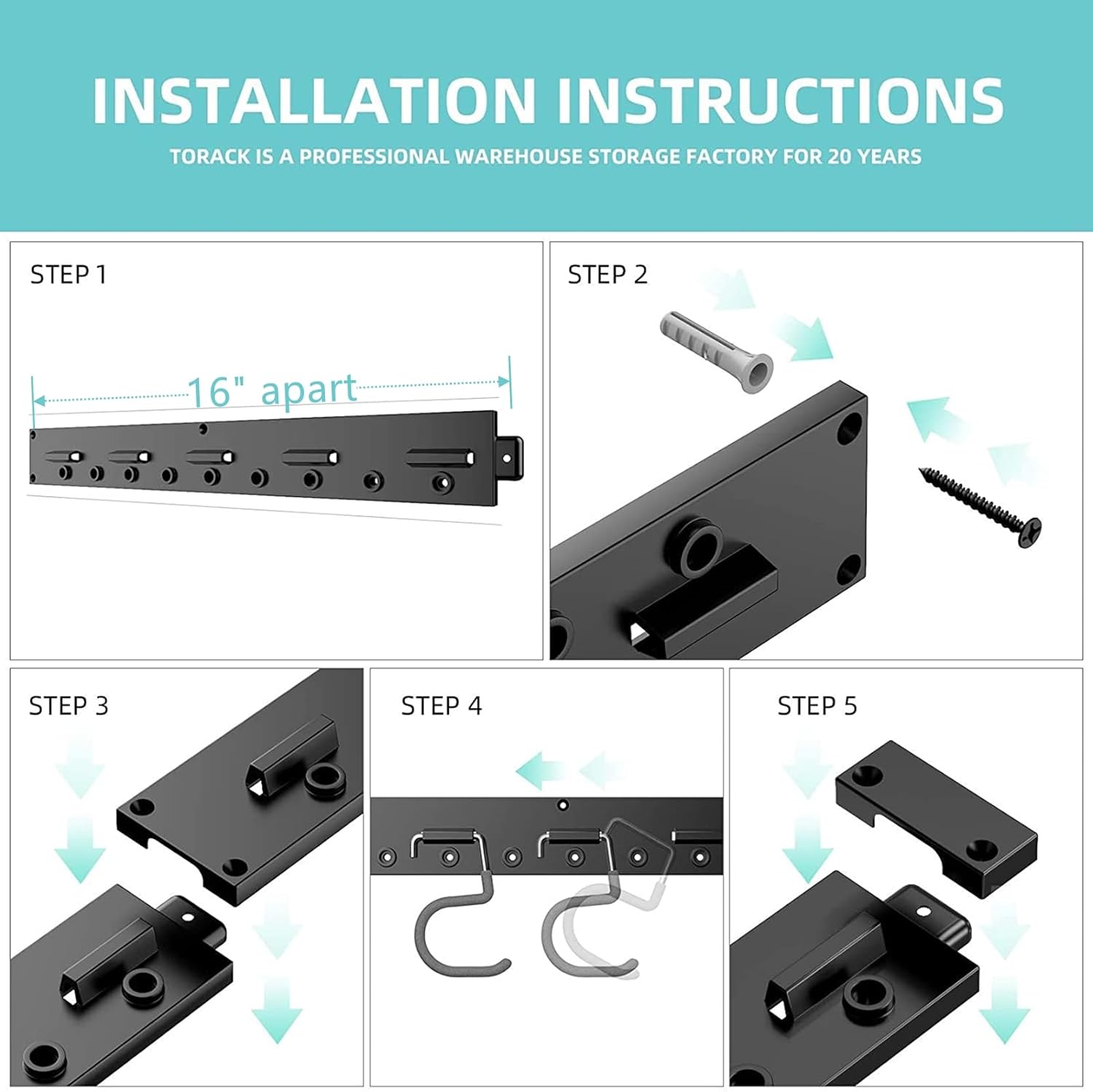 TORACK 64 Inch Garage Hooks Tool Organizer, Adjustable Wall Mounted Garage Hanger Storage System (16 Hooks & 16 Pegs) Pack of 2
