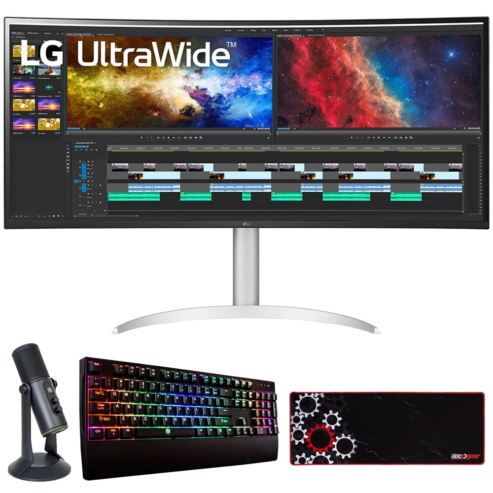 LG 38WP85C-W 38" Curved 21:9 UltraWide QHD 3840x1600 PC Monitor Bundle with Deco Gear Mechanical Gaming Keyboard