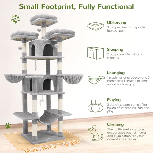 Globlazer Big Cat Tower for Indoor Cats, 80inch Cat Tower for Multiple Adult Cats XXL Cat Tree with Scratching Post, Hammock, 3 Perches, 2 Condos