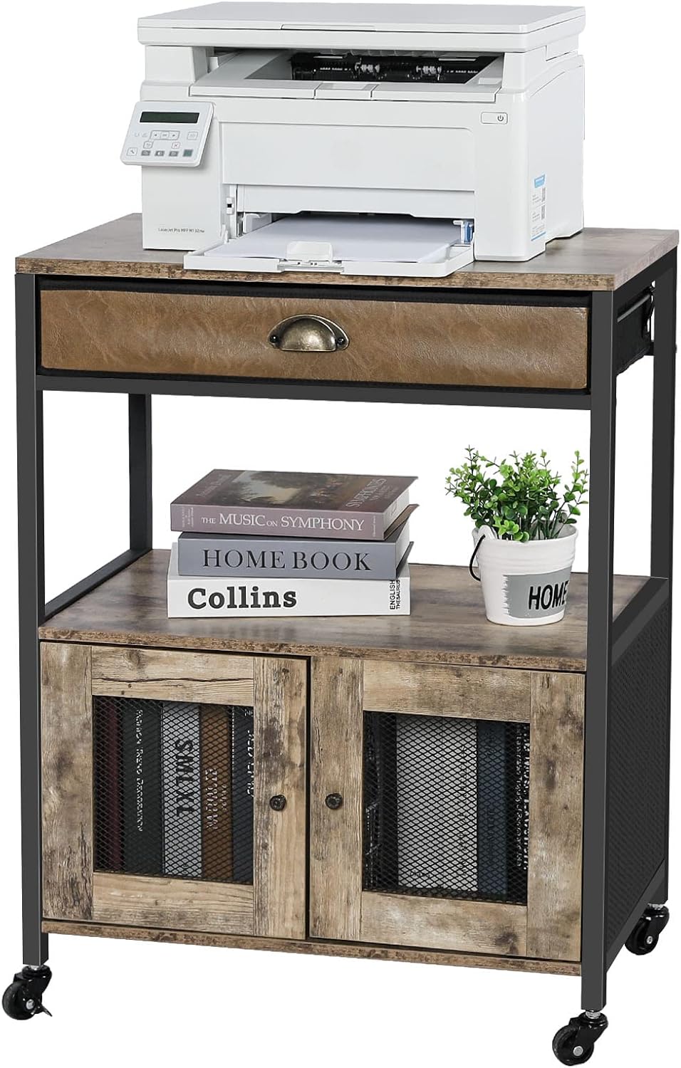 X-cosrack 28 Inch Mobile Printer Stand with Storage, Large End Table with Drawer and Storage Cabinet Printer Table with Wheels
