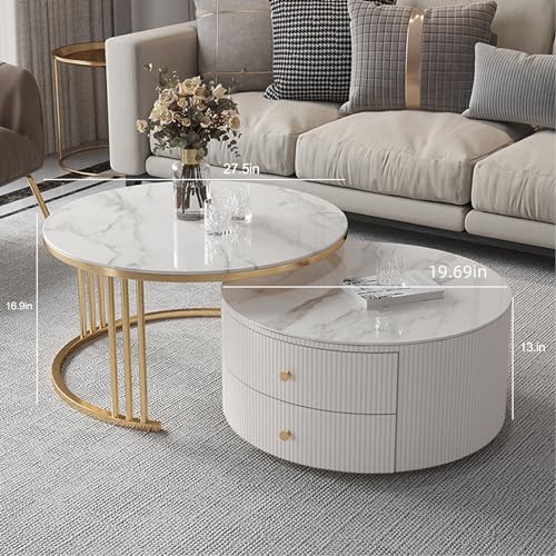 28IN Modern Coffee Tables - Wave Panel & Metal Frame | Nesting Round Coffee Table Set of 2, Dining Table for Home Living Room, Office (Glass)