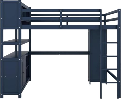 Harper & Bright Designs Full Size Loft Bed with Wardrobe and L-Shaped Desk, Metal Loft Bed with Storage Cubes, Cabinet, Shelves for Kids Teens, White