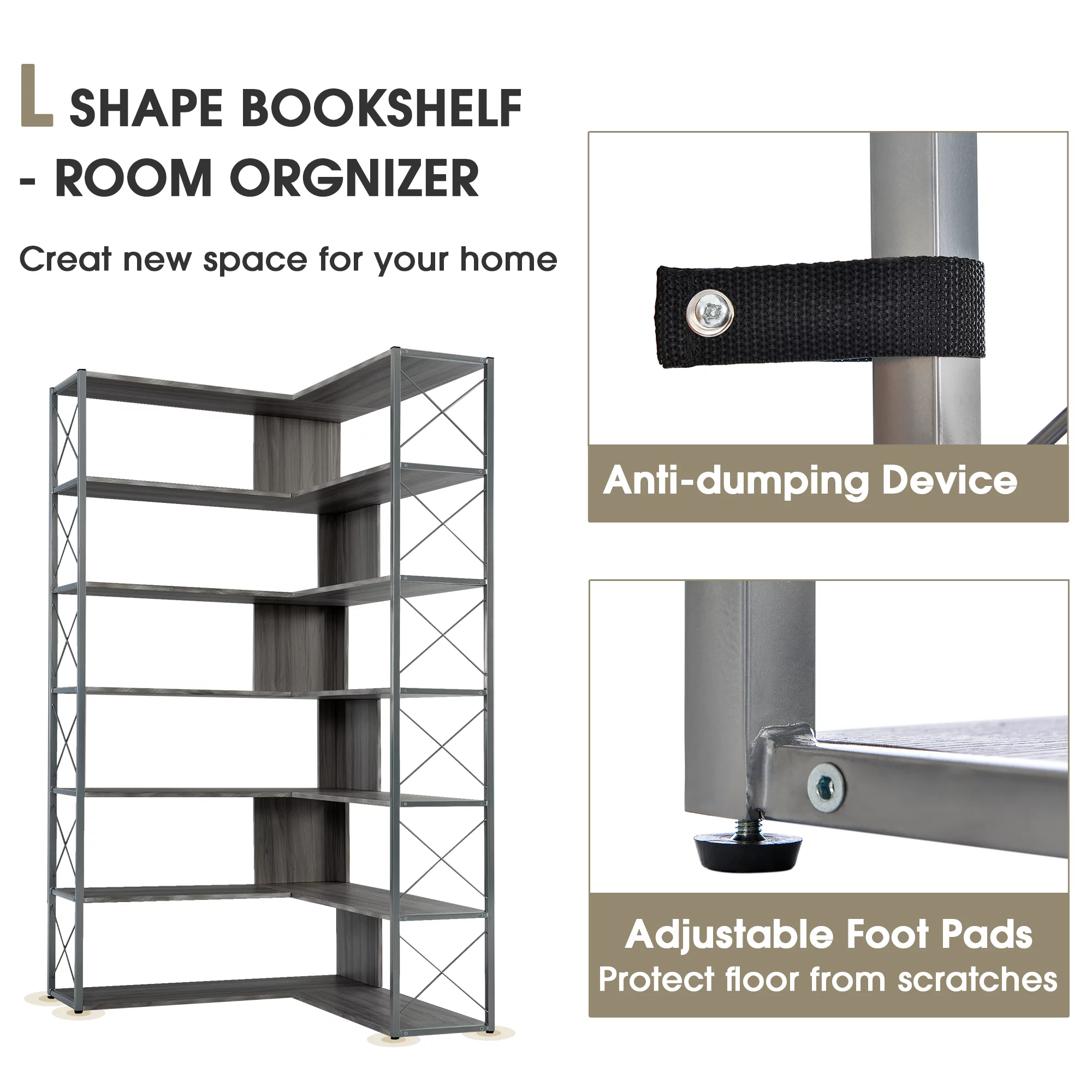 Industrial 7 Tier L-Shaped Corner Bookshelf, Large Home Office Bookcase with Metal Frame, Tall Storage Shelf Display Rack