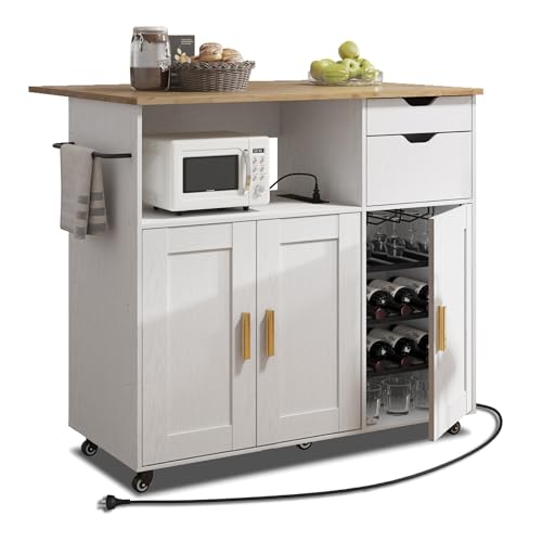 Rolling Mobile Kitchen Island Cart Bar with Drawer and Desktop Drop Leaf Countertop, Island Table Storage with 5 Wheels
