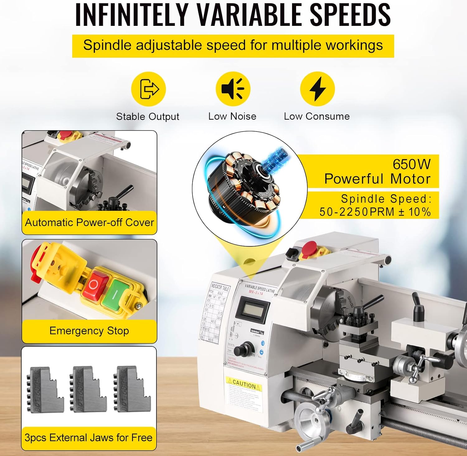 VEVOR Mini Metal Lathe 8"x14", Mini Lathe Machine 2250 PRM Variable Speed Change, Precision Mini Lathe 650W Metal Working Lathe, Small Metal Lathe