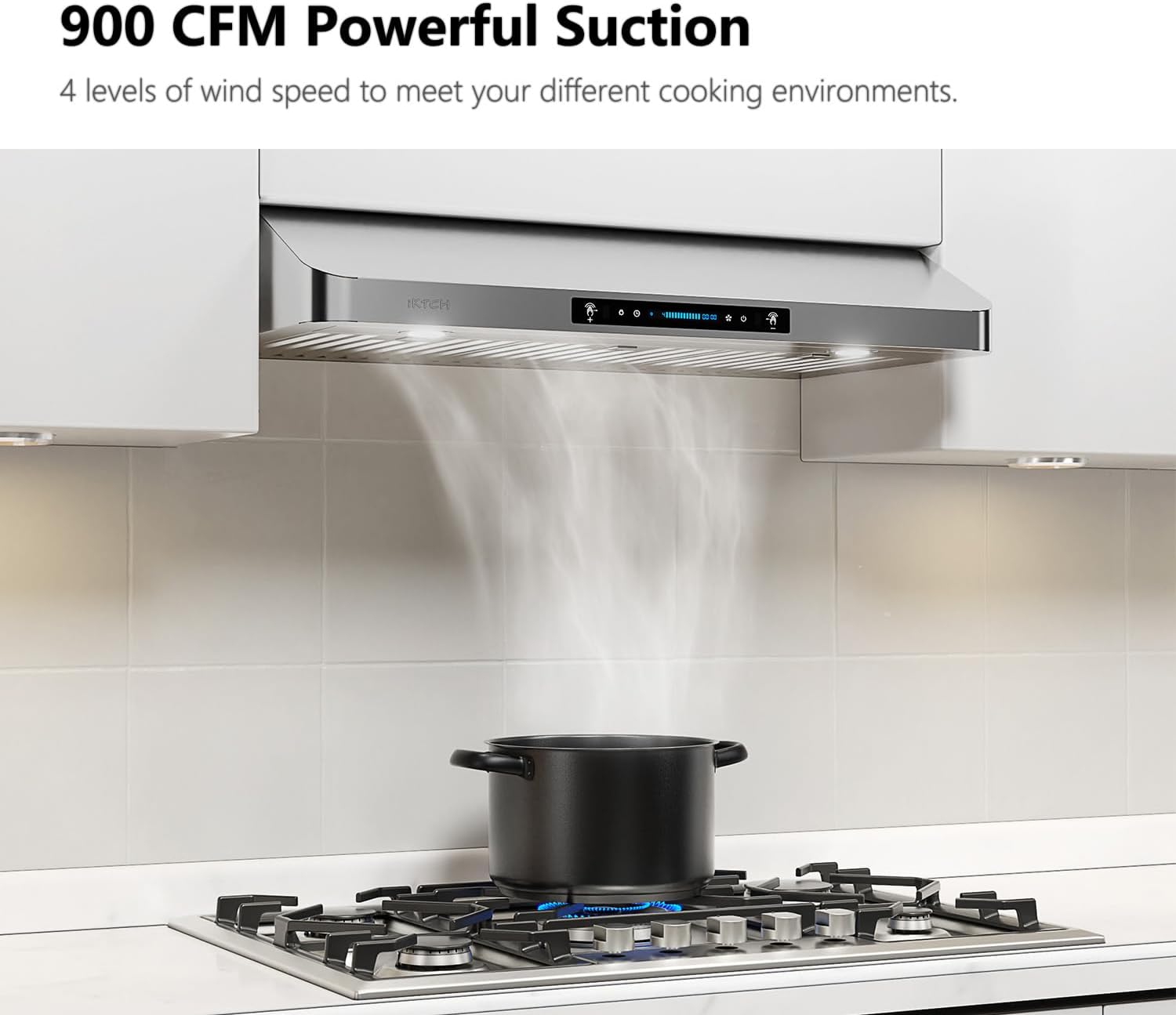IKTCH 42 Inch Under Cabinet Range Hood with 900-CFM, 4 Speed Gesture Sensing&Touch Control Panel