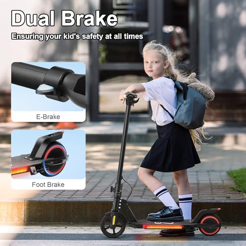 Electric Scooter for Kids Ages 6-12, Equipped with 130W Motor, LCD Display, Foldable Design, LED Color Lights, Rear Motor Brake System