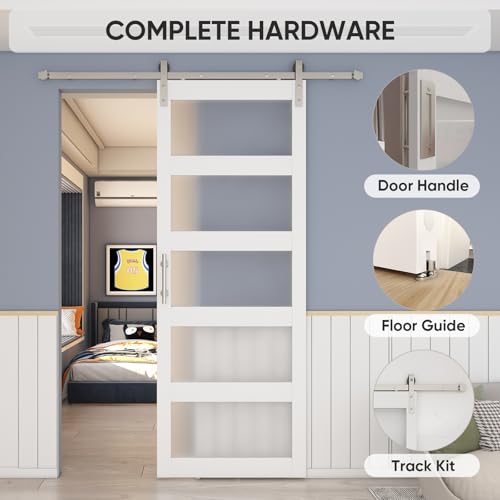 BARNSMITH 42in x 84in Glass Barn Door with 7FT Sliding Door Hardware Kit Included & Handle