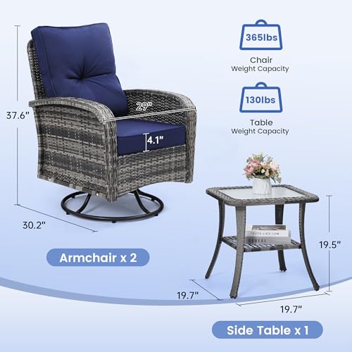 3 Piece Rattan Wicker Bistro Set, Outdoor Conversation Furniture Set with Glass Top Table, Space Saving for Balcony, Backyard, Natural