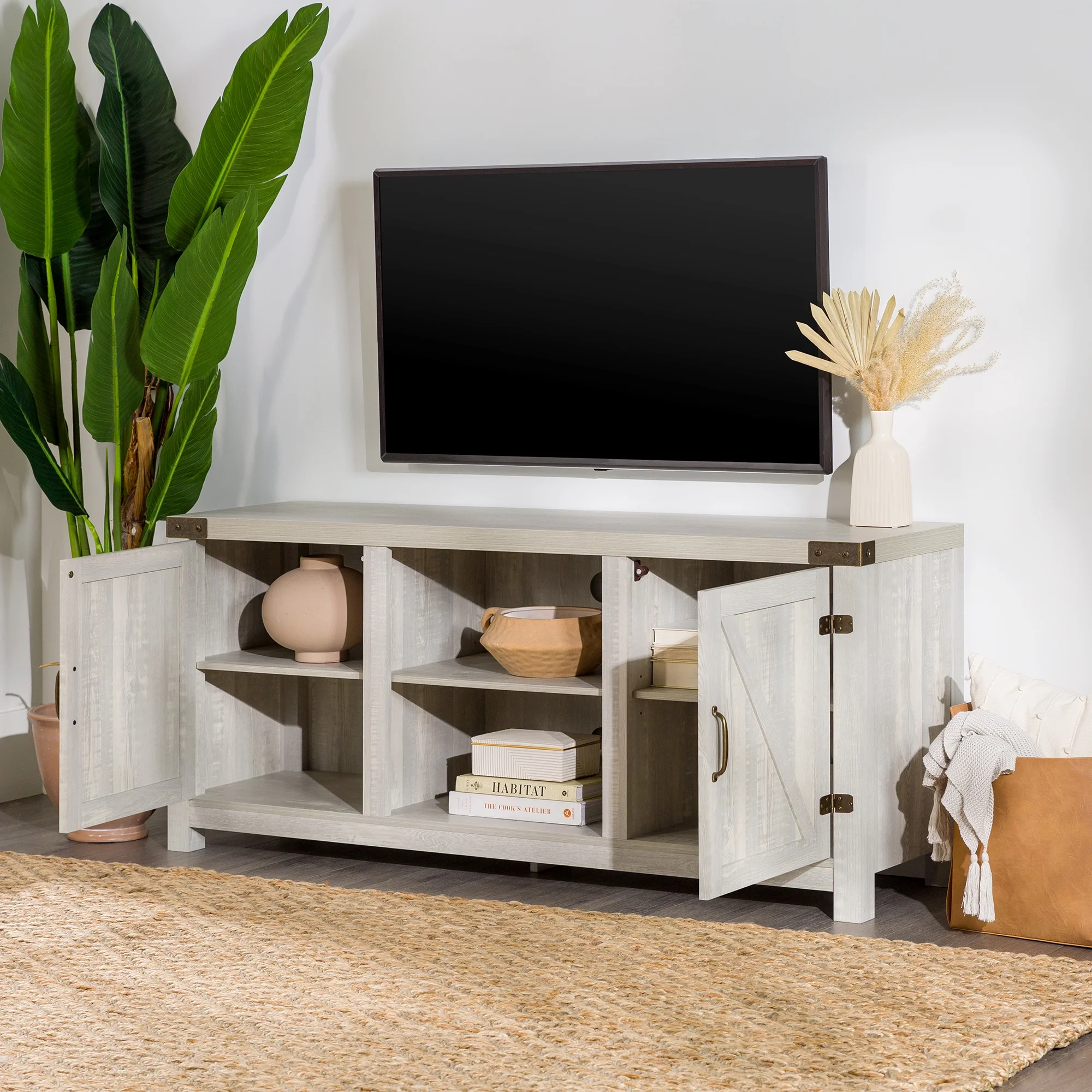 Walker Edison Modern Farmhouse Barn Door TV Stand for TVs up to 65, Grey Wash