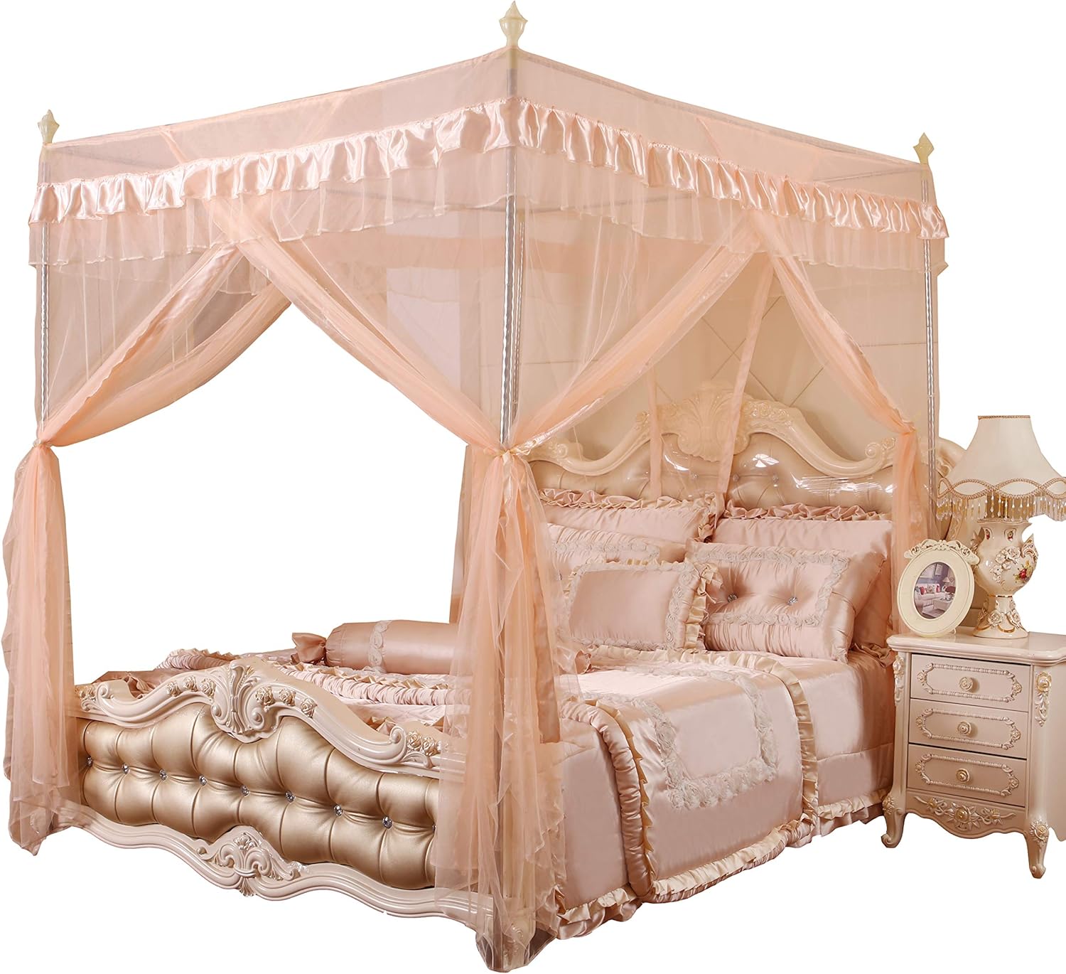 Mengersi Black Canopy Bed Curtains Queen Size, Royal Luxurious Cozy Drapes Netting- Elegant Bed Sheer Bedroom Decoration Accessories for Adults