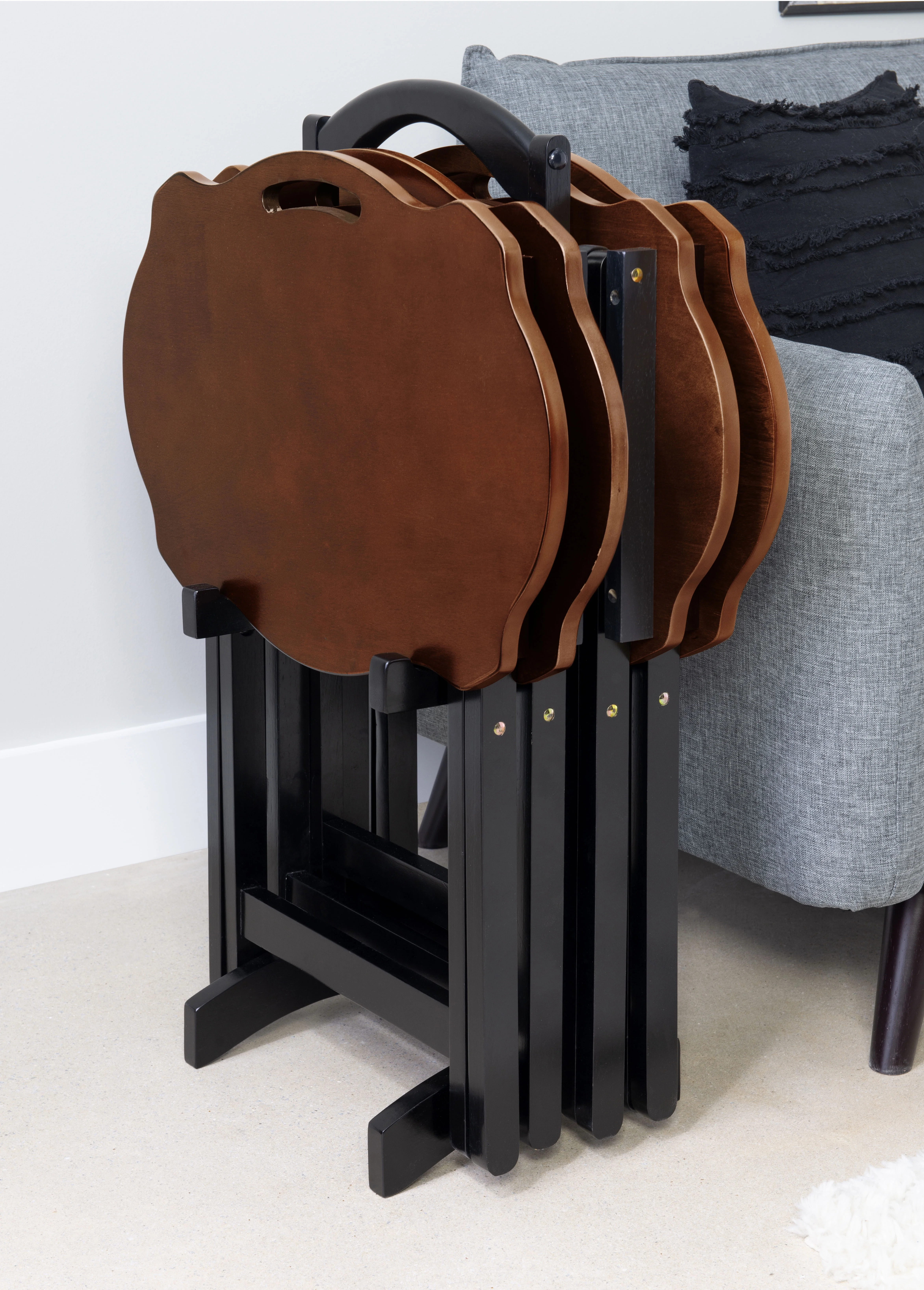 Powell Serpentine 5-Piece Indoor Folding Side Table, Snack, or TV Tray Set with Stand, 26" Tall, Hazelnut/Black
