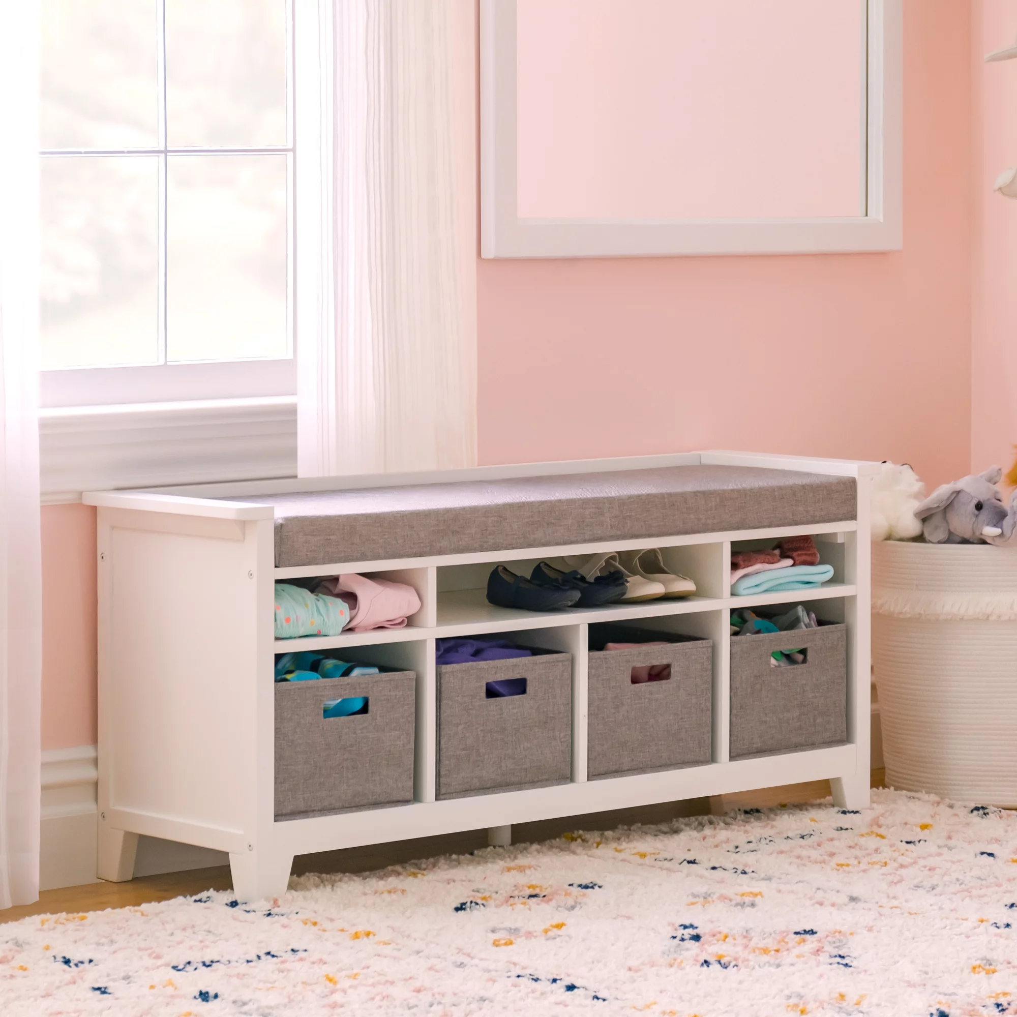 Martha Stewart Living and Learning Kids' Storage Bench - White: Wooden Toy and Book Organizer with Shelves