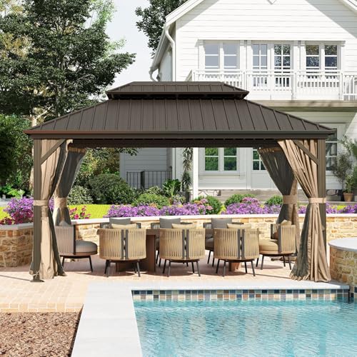 Domi 10’ x 10’ Hardtop Gazebo Metal Frame Canopy with Netting & Curtains
