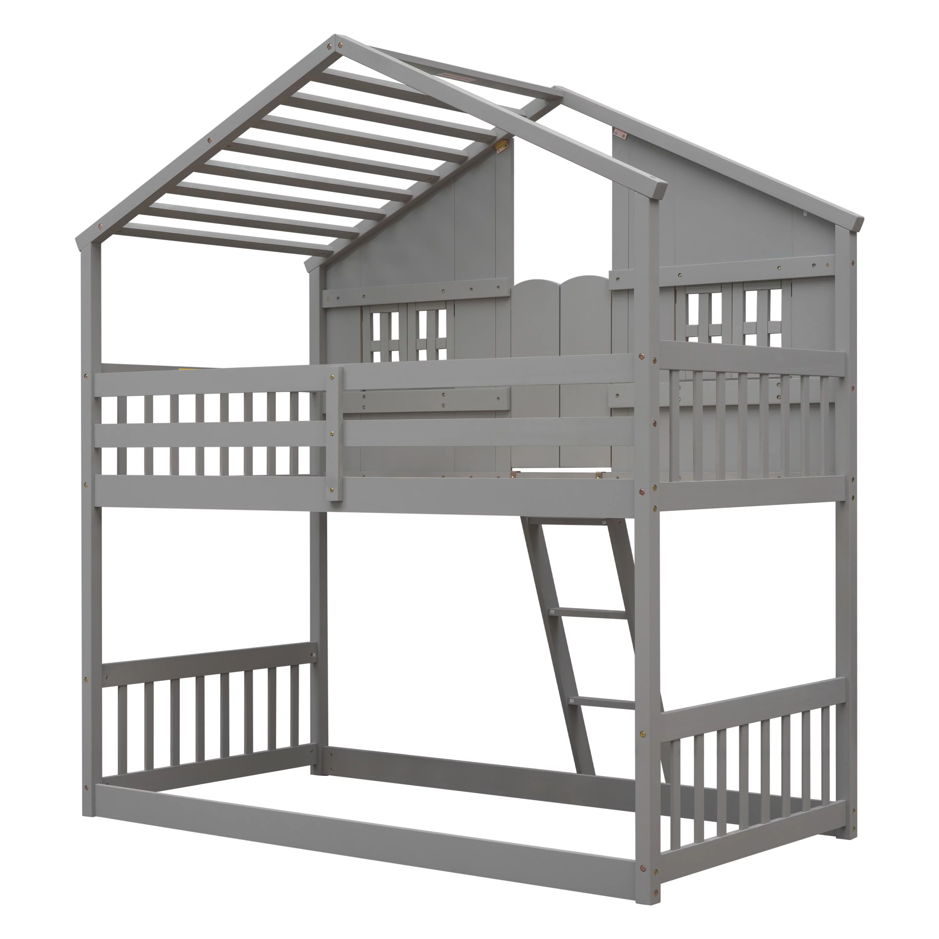 Solid Wood Twin over Twin House Bunk Bed with Roof, Window, Window Box, Door, Ladder and Guard Rail