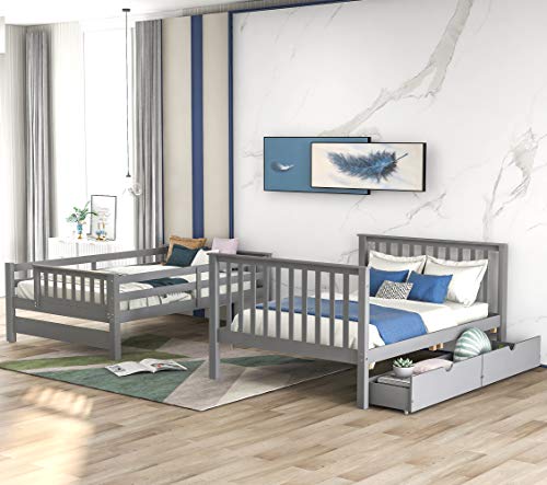 Ball & Cast Twin-Over-Twin Bunk Bed with Twin-Size Trundle and 3 Storage Stairs,Wood Bunkbed w/Full-Length Guardrails,Slat Support
