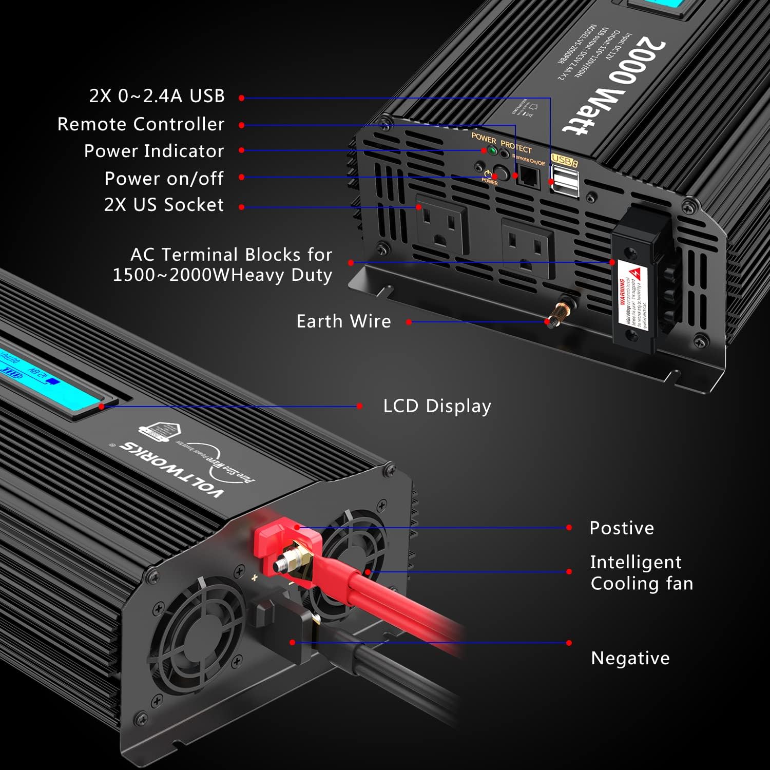 Pure Sine Wave 2500 Watt Car Power Inverter 2500w Converter DC 12V to 110V-120V AC with LCD Display 2 AC Outlets 2x2.4A USB Ports 1 AC Terminal Block