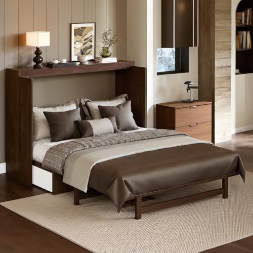 Queen Murphy Bed with Desk and Removable Shelves on Each Side, Murphy Bed Chest Murphy Bed Frame w/USB Port for Home Office, Studio or Guest Room