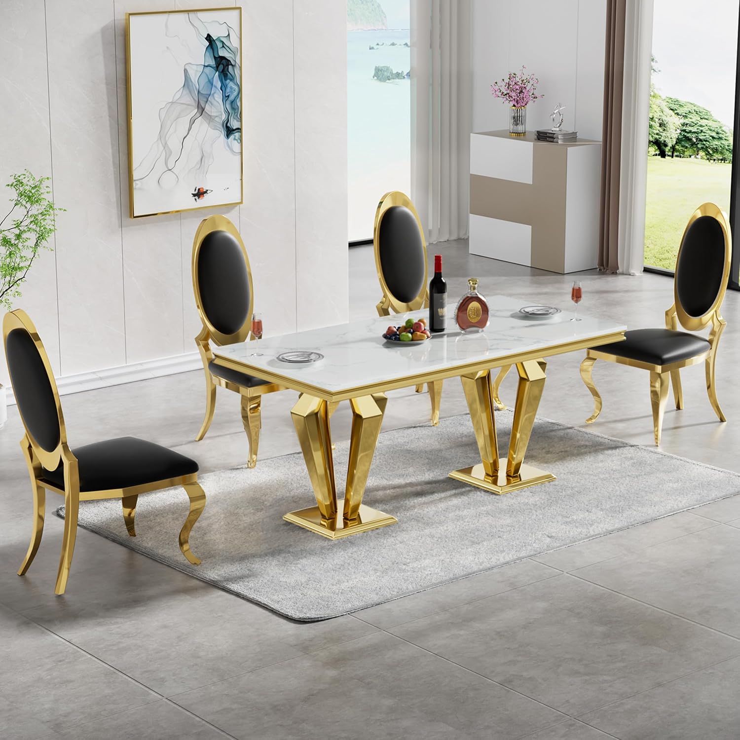 Modern Dining Room Table Set for 4, Marble Dining Table Set for 4, 70" White Gold Marble Dining Table with Oval Backrest Black Leather Chairs