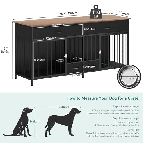 DWVO Double Dog Crate TV Stand with Dog Feeder, 74.8" Wooden Large Dog Kennel with Storage, Double Dog Crate Furniture for 2 Small Medium Dogs, Brown
