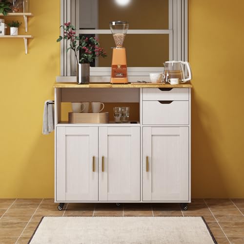 Rolling Mobile Kitchen Island Cart Bar with Drawer and Desktop Drop Leaf Countertop, Island Table Storage with 5 Wheels
