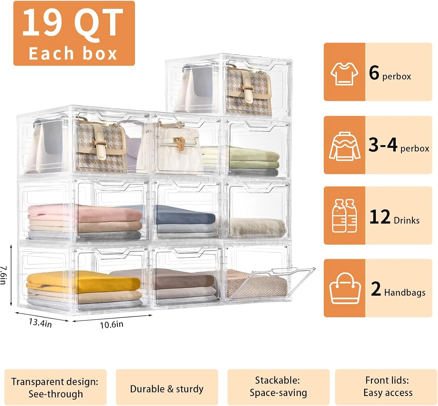6 Pack Closet Organizers and Storage,Clear Stackable Plastic Storage Bins with Lids Magnetic Doors,Clothes Organizers and Storage