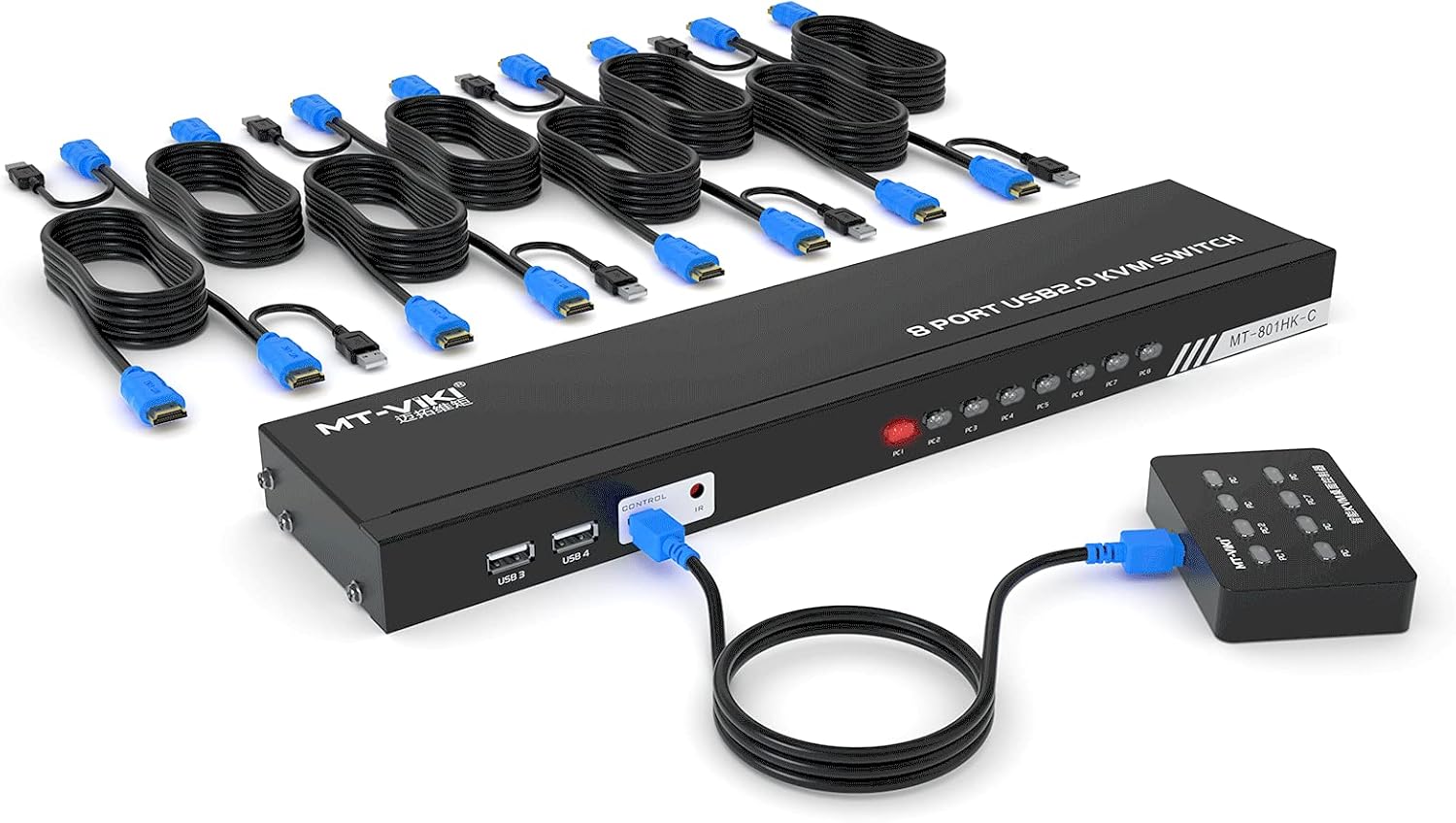 8 Ports KVM Switch HDMI, MT-VIKI 4K 30Hz Rack Mount KVM Switch 8 in 1 Out w/KVM Cables & IR & Desktop Control & 4 USB 2.0 Hub & Rackmount Ears