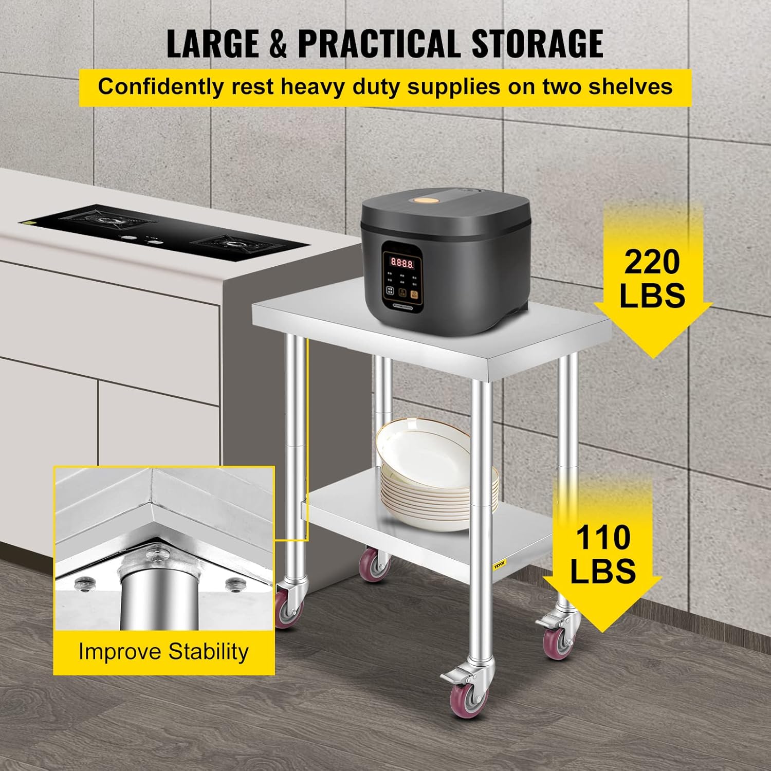 Mophorn Stainless Steel Work Table with Wheels 24 x 30 Prep Table with casters Heavy Duty Work Table for Commercial Kitchen Restaurant Business (24 x