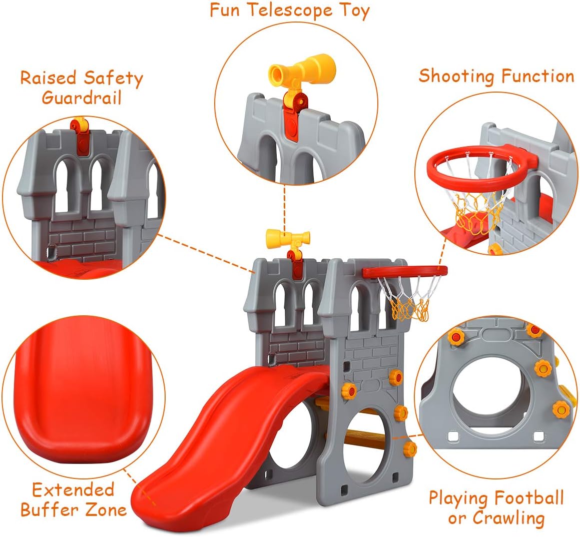 KOTEK Toddler Slide Indoor for Age 3-8, 5 in 1 Kids Climber Slide with Basketball Hoop, Telescope, Crawl Through Space & Climbing Stairs