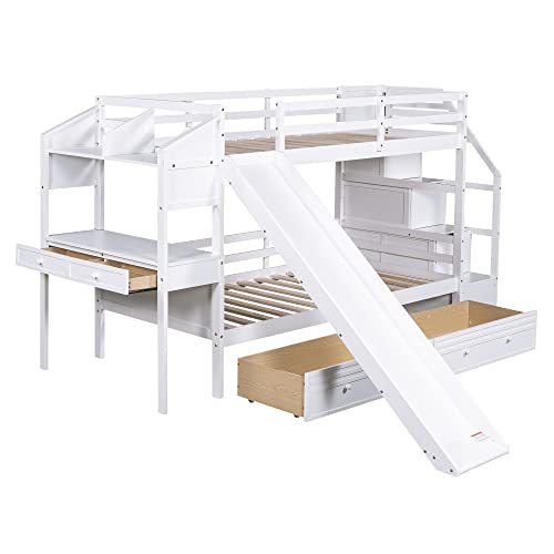 Full-Over-Full Castle Style Bunk Bed with 2 Drawers and 3 Shelves, Wood Bunk Bed Frame with Slide and Storage Staircase for Kids Teens Boys Girls