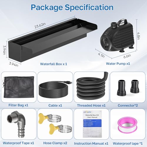 POPOSOAP 24 Inch Pond Waterfall Spillway with 1200GPH Pump, 304 Stainless Steel Waterfall Kit with 9.8FT Corrugated Tube