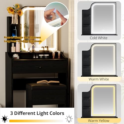 LIKIMIO Small Makeup Vanity Desk with Mirror and Lights, Vanity Table Set with Storage Drawer, Chair and Three Shelves, Bedroom, White