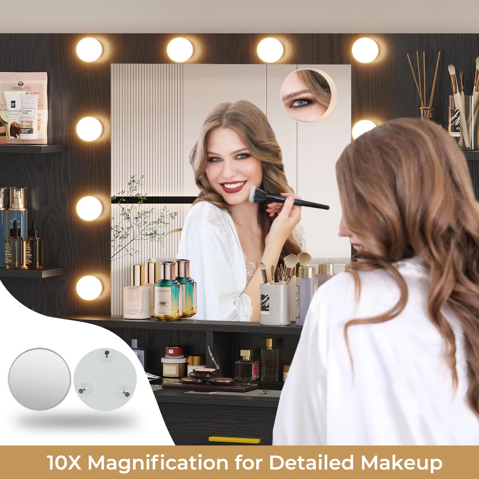 Vanity Desk with Mirror and Lights & Glass Top,Makeup Vanity with Lights & Charging Station,10x Magnifying Mirror