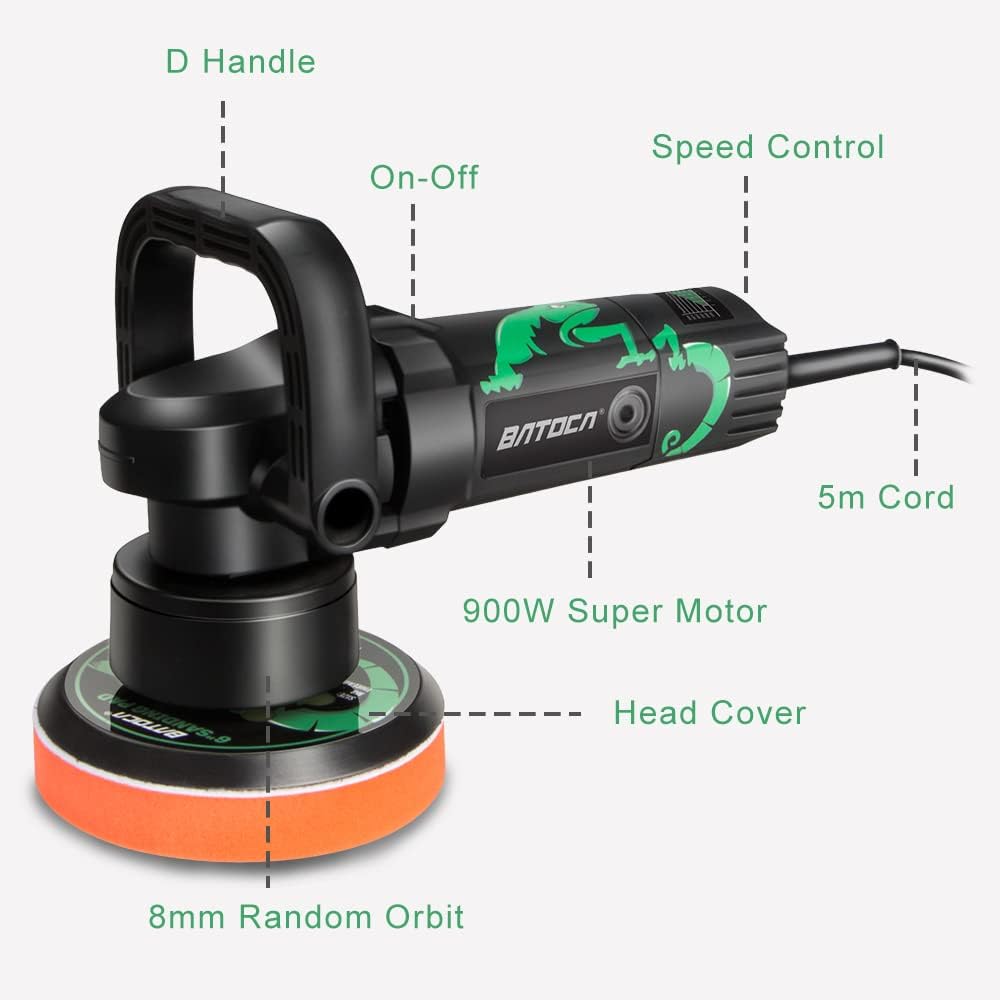 BATOCA Dual Action Polisher, 6 inch 8 mm Random Orbit Car Buffer Polisher, 6 Variable Speed 6800 RPM Car Buffer Waxer