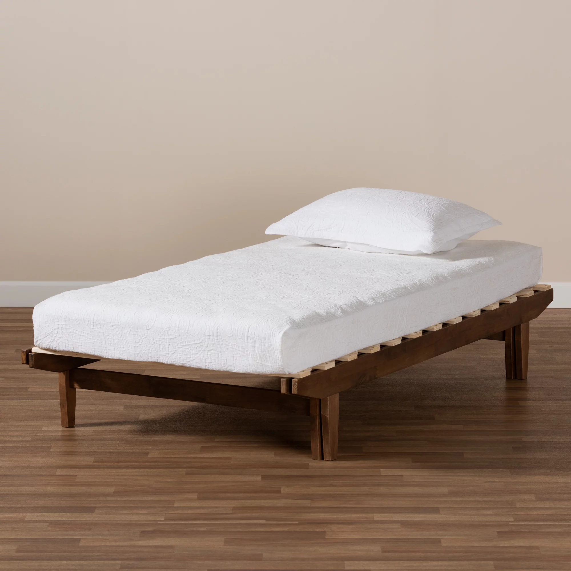 Baxton Studio Hiro Rubberwood Expandable Platform Bed Frame, Twin, Walnut