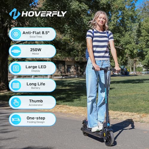 HOVERFLY X1 Electric Scooter for Adults, Anti Flat 8.5" Solid Tire, Max 10 Mile Range and 15.5Mph Speed Power by 250W Motor